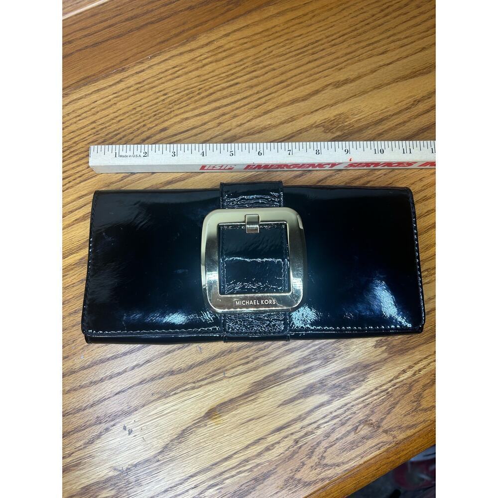 Michael Kors Faux Patent Leather Clutch Purse Bag Black Gold